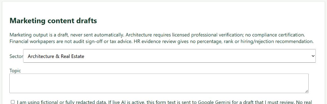Actual Marketing content draft form, screenshot only